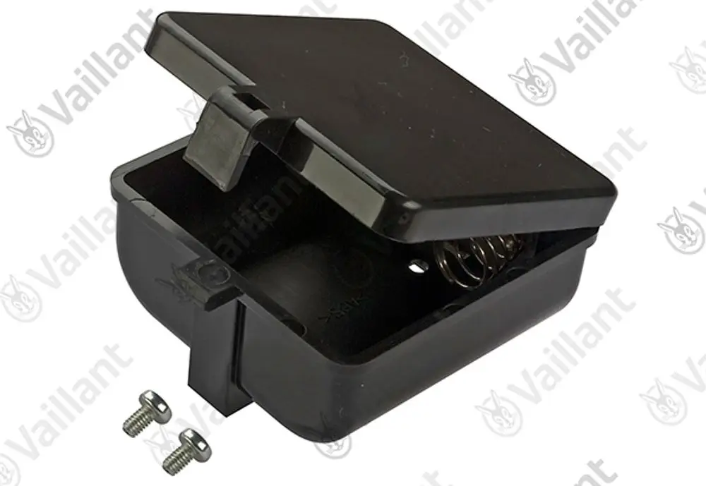 Schwarzes Vaillant Batteriegehäuse mit offenem Deckel und Federmechanismus, abgebildet zusammen mit zwei Schrauben.